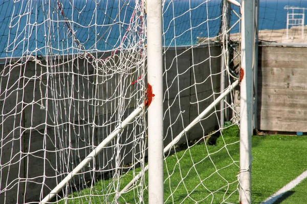 Parte Porta Gol Futebol Com Rede Branca Feche Para Gol — Fotografia de Stock