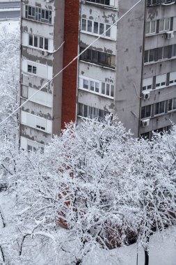 Evler ve Binalar çatı güzel kış görünümü ağır karla kaplı. Karlı mevsimde çok kar ile sürüklenen, büyük kar katmanı kar nedeniyle çatı. Kış günü, hava durumu, mevsim belirli.
