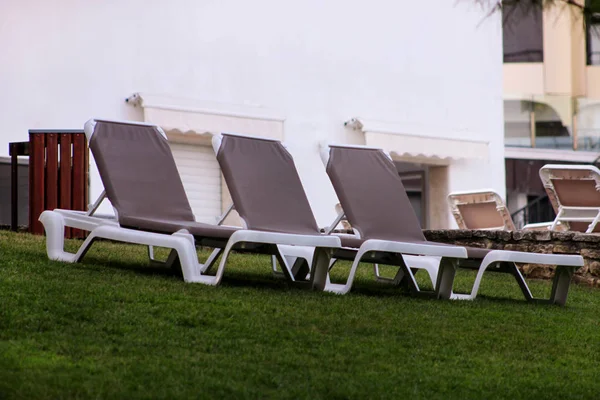 Plage exotique sur la mer Méditerranée, chaises longues pour bronzer et se détendre sur l'herbe dans le jardin tropical de l'hôtel de luxe. Des chaises longues sur la pelouse attendent les touristes. Bord de mer idyllique en saison estivale . — Photo