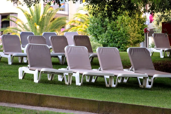 Spiaggia esotica sul Mar Mediterraneo, lettini per prendere il sole e rilassarsi sull'erba nel giardino tropicale di hotel resort di lusso. Sedie a sdraio sul prato in attesa di turisti. Mare idilliaco nella stagione estiva . — Foto Stock