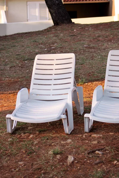 Plage exotique sur la mer Méditerranée, chaises longues en plastique blanc pour bronzer et se détendre sur l'herbe dans le jardin tropical de l'hôtel de luxe. Des chaises longues sur la pelouse attendent les touristes. Bord de mer idyllique été . — Photo