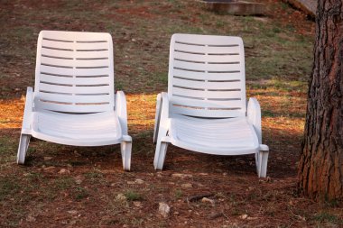 Deniz egzotik kumsalda güneşlenmek için plastik şezlong beyaz ve lüks resort Otel'in tropikal Bahçe çim dinlenin. Turistler için bekleyen'ın bahçesinde şezlong. Pastoral sahil yaz.