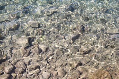 Arka plan suyu, kayalar üzerinde deniz yüzeyi, yakın yukarı. Güneş ışınları su ve sığ toprak, okyanus kürekler yansıma. Mercan resifin üst görünümü. Deniz dokusu, desen ve duvar kağıdı mercan resifi.