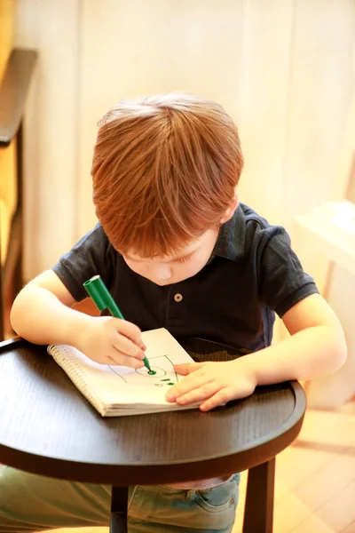 Criança está desenhando e pintando com caneta de feltro em papel de caderno espiral em pequena mesa de madeira na sala de estar em casa. Infância. Menino bonito e criança desenha lápis e marcadores coloridos na pré-escola . — Fotografia de Stock