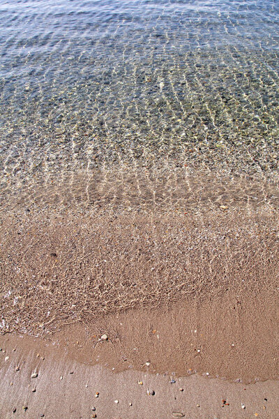 Exotic sandy beach, tropical blue mediterranean sea with waves and sea foam. Beautiful natural environment, panorama, landscape. Idyllic seaside resort in summer season, paradise and amazing scene.