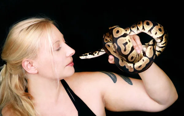 Royal Python yılanı olan kızın portresi. Güzel kadın elinde yılan tutar ve kamera önünde poz. Egzotik tropikal soğukkanlı sürüngen hayvan, Ball Python (Python regius) yılan türleri. — Stok fotoğraf