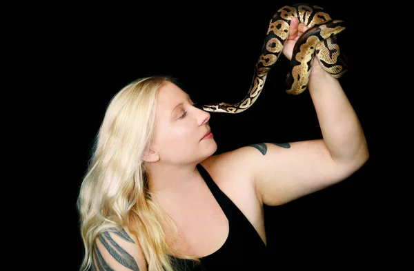 Retrato de uma rapariga com uma cobra Royal Python. Mulher bonita segura cobra nas mãos e posando na frente da câmera. Animal exótico de réptil tropical de sangue frio, espécies de cobra Ball Python (Python regius) . — Fotografia de Stock