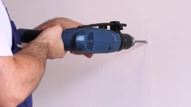 Construction Worker Handyman Works Renovation Apartment Builder Blue Electric Drill — Stock Video