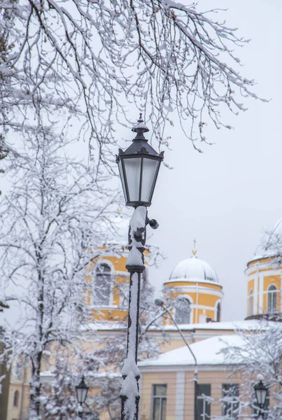 Lantern Snow Background Snowy Trees City Kiev — Stock Photo, Image