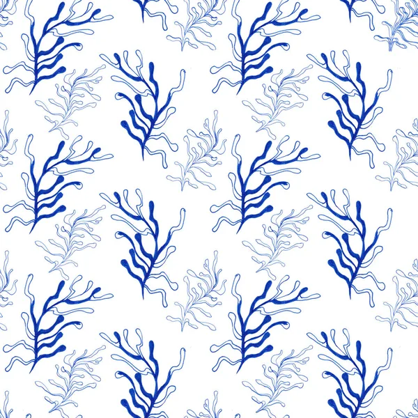 Hand drawn seamless pattern. Trendy pattern with corals and algae on a white background for printing, fabric, textile, manufacturing, wallpapers. Sea bottom. — Stock Photo, Image