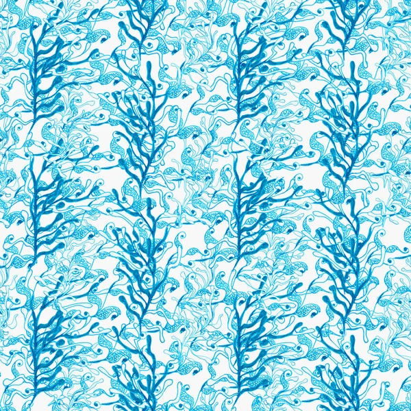 Handritat sömlöst mönster. Trendigt mönster med koraller och alger på en vit bakgrund för tryckning, tyg, textil, tillverkning, tapeter. Havsbotten. — Stockfoto