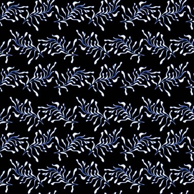 El çizilmiş kusursuz desen. Baskı, kumaş, tekstil, üretim, duvar kağıtları için beyaz bir arka plan üzerinde mercan ve yosun ile Trendy desen. Deniz dibi.