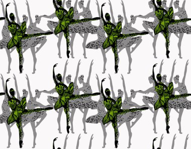 Balerinlerle desen. Arka plan. Kağıt üzerine kumaş üzerine baskı. Duvar Kağıdı Patern Retro