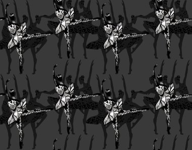 Balerinlerle desen. Arka plan. Kağıt üzerine kumaş üzerine baskı. Duvar Kağıdı Patern Retro