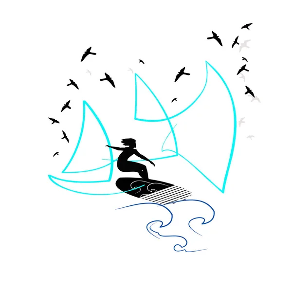 Illustrations on Illustrations on the theme of windsurfing and summer. Windsurfing and summer theme. Man athlete — Stock Photo, Image