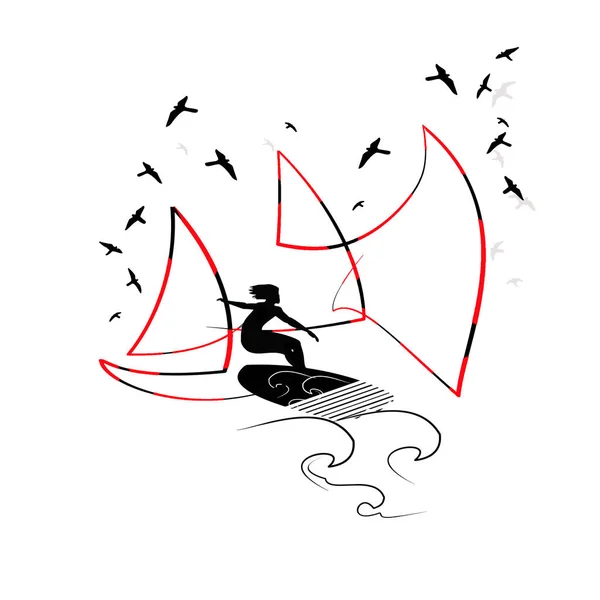 以帆板和夏季为主题的插图插图。风帆冲浪和夏季主题。男子运动员 — 图库照片