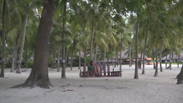 Женщина, качающаяся на качелях среди пальм — стоковое видео