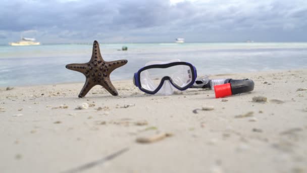 On the sandy shore lies the mask with snorkel and sea star — Stock Video