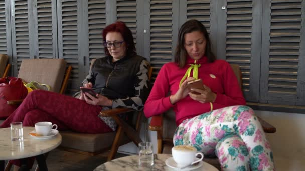 Женщины сидят в кофейне и пользуются смартфонами — стоковое видео
