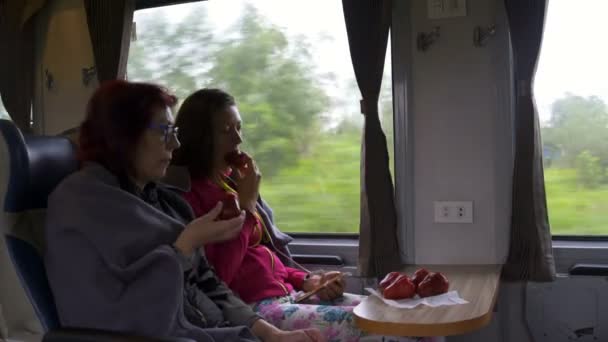 Frauen im Zug essen malaysische Äpfel — Stockvideo
