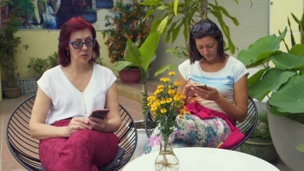 Women are sitting in a cafe with smartphones — Stock Video