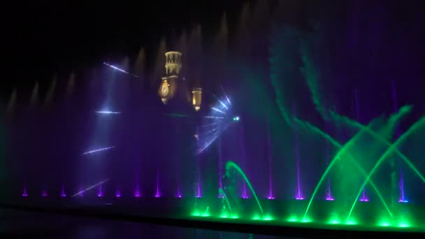 Uno spettacolo di luci colorate con una fontana la sera — Video Stock