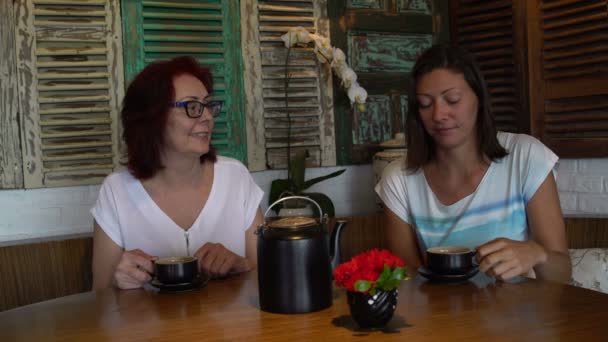 Las mujeres en el restaurante golpean las tazas y beben té — Vídeo de stock