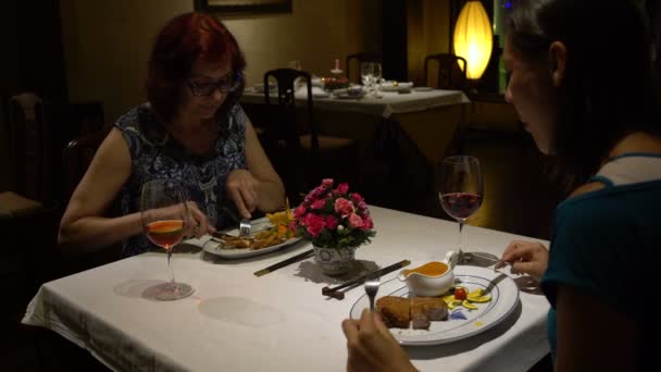 Vrouwen praten zittend aan een tafel in een restaurant, eten, clink bril met rode wijn en drank — Stockvideo