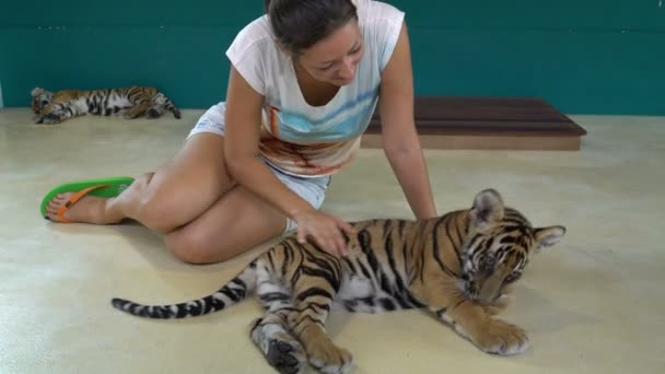 Woman plays with Tiger Cub
