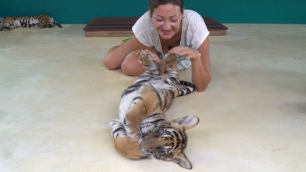 Žena si hraje s malý tygr, drží ji za tlapky