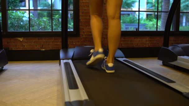 Spor salonunda bir koşu bandı üzerinde kadın bacakları — Stok video