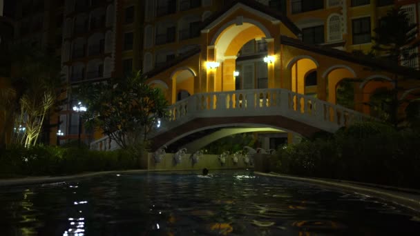 Noche Piscina interior como el río puente. Mujer nada bajo el puente — Vídeos de Stock