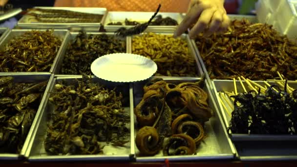 Comida callejera tailandesa. Escorpión frito puesto en un plato — Vídeo de stock