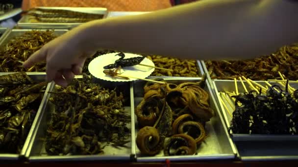 Em um prato é um escorpião assado e um gafanhoto — Vídeo de Stock