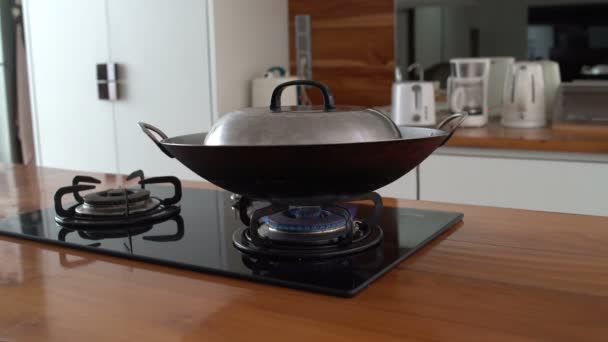 Sur la cuisinière à gaz préparant la nourriture dans le chaudron — Video