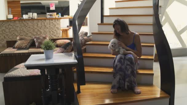 A woman sits on the stairs in the house with a small dog in her arms — Stock Video