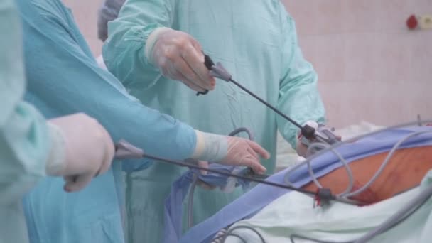 Cerrah karın boşluğu organ endoskopik bir işlemi gerçekleştirir — Stok video