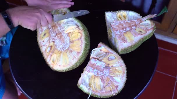 A mans hand cuts jackfruit with a knife — Stock Video