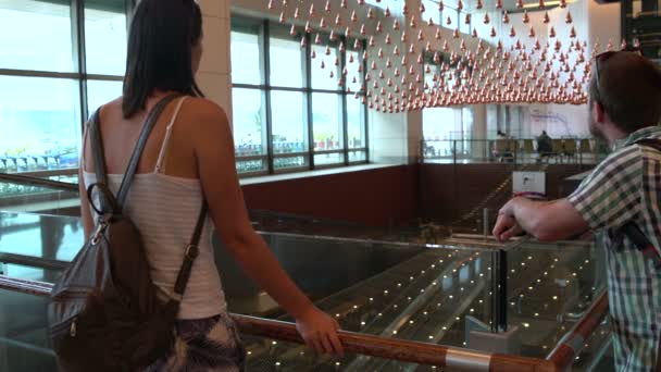 Una mujer y un hombre miran la lluvia cinética en el aeropuerto de Singapur — Vídeo de stock