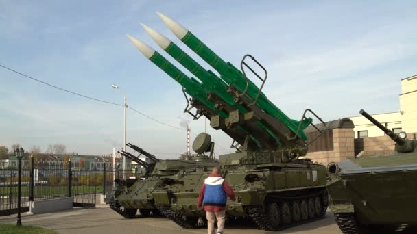 Man Climbs Self Propelled Launcher Aircraft Missile System Woman Taking — Stock Video