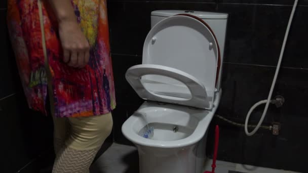 Женщина опускает сиденье с микролифтом на унитаз — стоковое видео