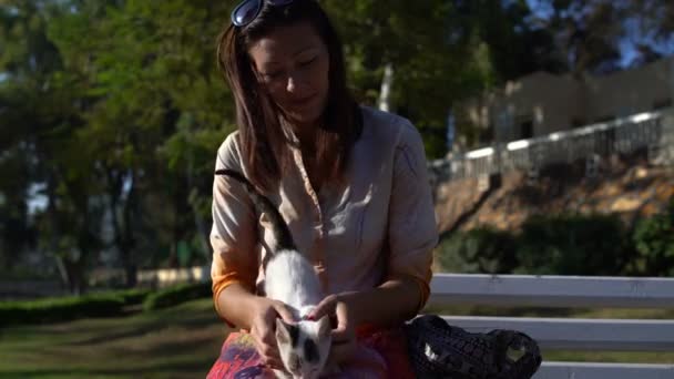 Een vrouw zit op een bankje in het park en speelt met een kitten op haar schoot — Stockvideo