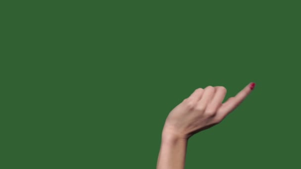 Touch scherm de rechterhand van de gebaren van de vinger van vrouw. Groen scherm. Chromakey. — Stockvideo