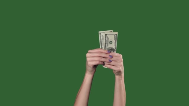 Groen scherm. Chromakey. Vrouw handen tellen geld Amerikaanse dollars. — Stockvideo