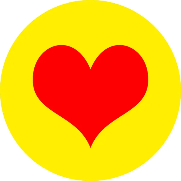 Heart shape flat color icon in round outline. Romantic love symbol. Yellow circle button with a red heart. Vector illustration for your social media app design project and other.