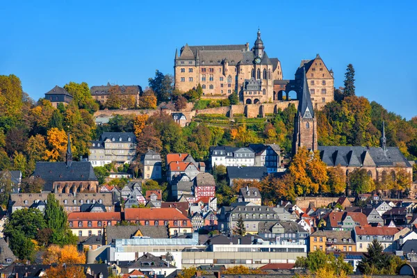 Marburg Der Lahn Histórica Cidade Velha Com Castelo Landgrafenschloss Igreja — Fotografia de Stock