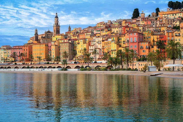 Casas Coloridas Praia Areia Histórica Cidade Velha Menton Riviera Francesa — Fotografia de Stock