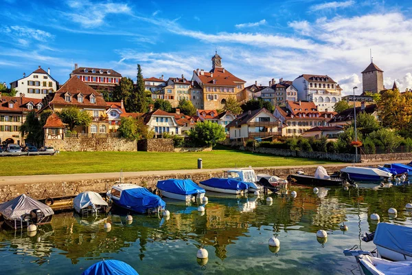 Budynków Historycznych Malowniczej Średniowiecznego Starego Miasta Murten Jeziora Morat Szwajcaria — Zdjęcie stockowe
