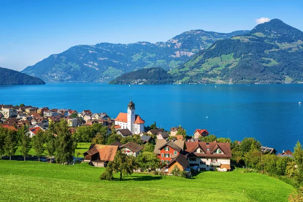 Beckenried Tradisional Kota Kecil Danau Lucerne Alpen Swiss Swiss — Stok Foto