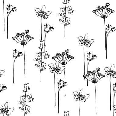 Siyah ve beyaz, dikişsiz çiçek desenli, el çizimi sping çiçeği. Yaratıcı tasarımın için 10 EPS vektörü